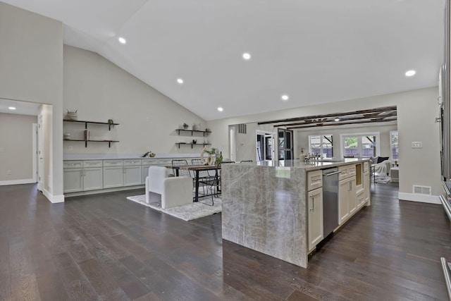 2727 Westmont Blvd, Columbus, OH 43221 - kitchen featuring open shelves, dishwasher, a spacious island, light stone counters, and dark wood-style floors