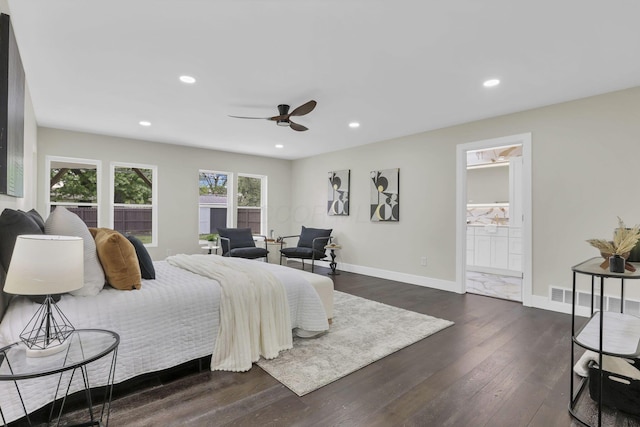 2727 Westmont Blvd, Columbus, OH 43221 - bedroom featuring dark wood-style floors, baseboards, recessed lighting, ensuite bath, and ceiling fan