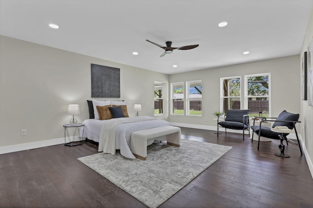 2727 Westmont Blvd, Columbus, OH 43221 - bedroom with baseboards, dark wood finished floors, recessed lighting, and ceiling fan