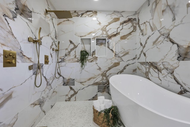 2727 Westmont Blvd, Columbus, OH 43221 - full bath with a marble finish shower, tile walls, a soaking tub, and stone wall