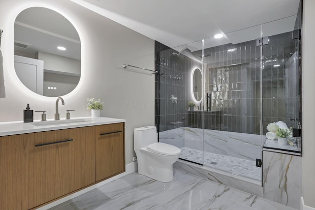 2727 Westmont Blvd, Columbus, OH 43221 - bathroom with toilet, a shower stall, vanity, marble finish flooring, and recessed lighting