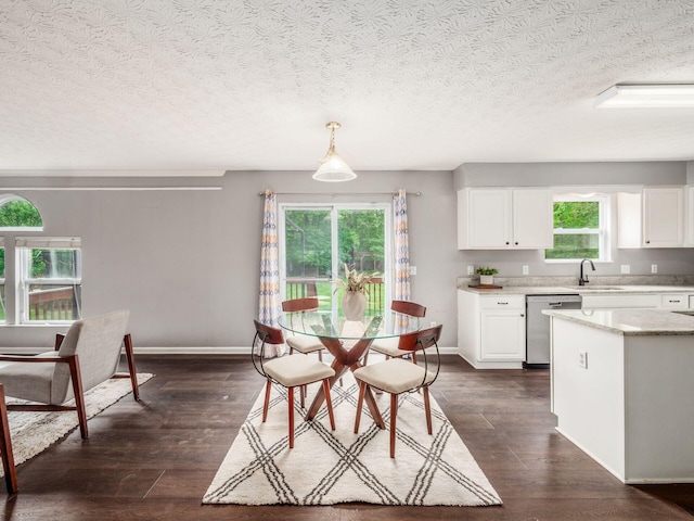 dining area featuring healthy amount of natural light, dark wood-type flooring, baseboards, and a textured ceiling