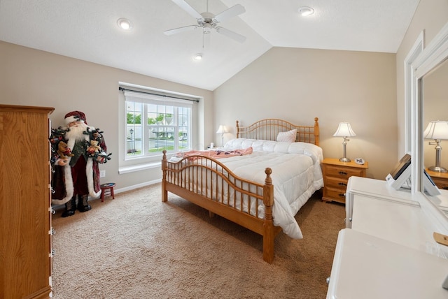 carpeted bedroom with lofted ceiling, a ceiling fan, baseboards, and recessed lighting