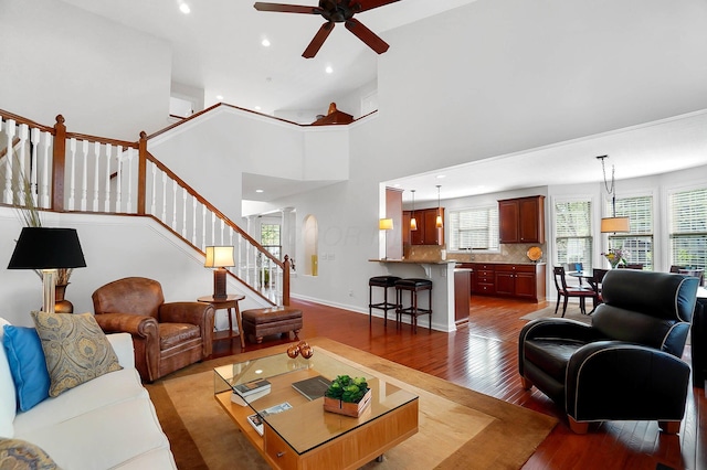 6415 Green Stone Loop, Dublin, OH 43016 - living area with a ceiling fan, light wood-style floors, stairway, recessed lighting, and baseboards