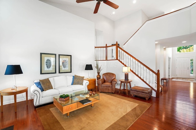 6415 Green Stone Loop, Dublin, OH 43016 - living area with hardwood / wood-style flooring, stairs, a towering ceiling, ceiling fan, and recessed lighting