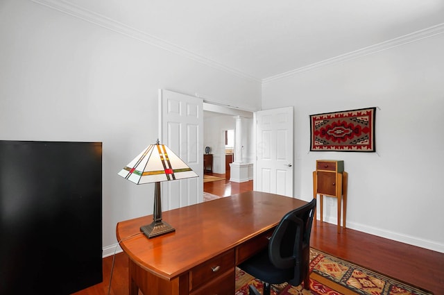6415 Green Stone Loop, Dublin, OH 43016 - office with ornate columns, crown molding, dark wood-type flooring, and baseboards