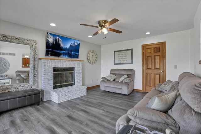 1719 Marion Rd NW, Utica, OH 43080 - living area with ceiling fan, a fireplace, wood finished floors, recessed lighting, and baseboards