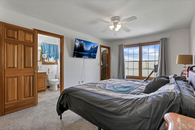 1719 Marion Rd NW, Utica, OH 43080 - bedroom with ensuite bathroom, light carpet, ceiling fan, and light tile patterned floors