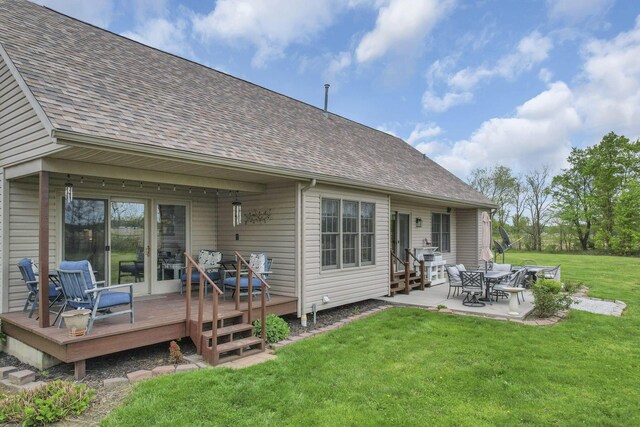 1719 Marion Rd NW, Utica, OH 43080 - rear view of property with roof with shingles, a wooden deck, a yard, and a patio area