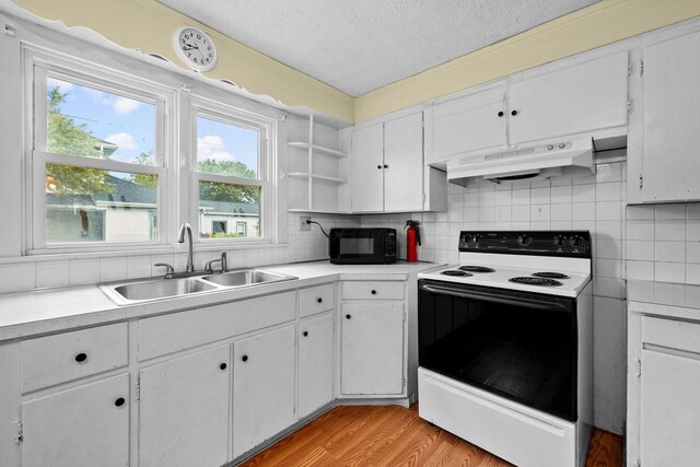 616 E Chestnut St, Mount Vernon, OH 43050 - kitchen featuring range with electric cooktop, a sink, under cabinet range hood, black microwave, and backsplash