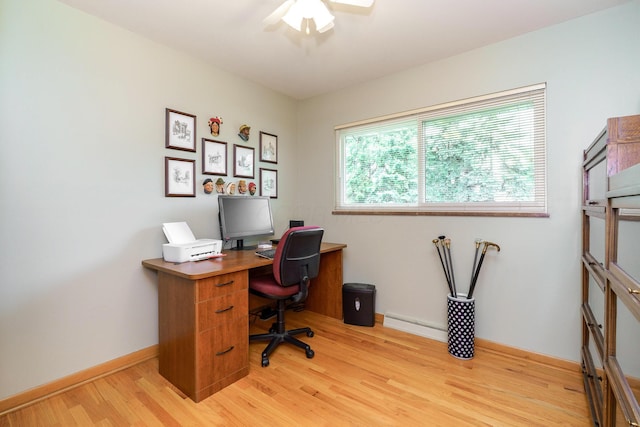316 Charleston Ave, Columbus, OH 43214 - office space with light wood-type flooring, a ceiling fan, a baseboard heating unit, and baseboards