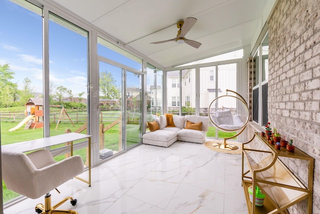 6540 Marshview Dr, Hilliard, OH 43026 - sunroom featuring ceiling fan and vaulted ceiling