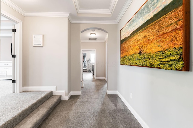 6540 Marshview Dr, Hilliard, OH 43026 - hall featuring arched walkways, carpet flooring, ornamental molding, baseboards, and stairs