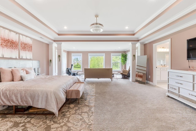 6540 Marshview Dr, Hilliard, OH 43026 - bedroom with crown molding, light carpet, a raised ceiling, decorative columns, and ensuite bathroom