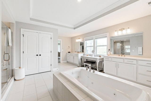 6540 Marshview Dr, Hilliard, OH 43026 - full bathroom featuring a stall shower, a tub with jets, a raised ceiling, and tile patterned flooring