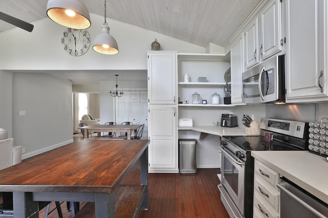 kitchen featuring appliances with stainless steel finishes, vaulted ceiling, white cabinets, light countertops, and wood ceiling