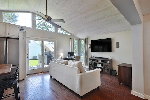 living room with a ceiling fan, vaulted ceiling, wooden ceiling, and dark wood-style floors