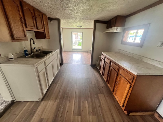 430 Poplar St, West Union, OH 45693 - kitchen featuring a sink, light countertops, range hood, dark wood-type flooring, and a textured ceiling