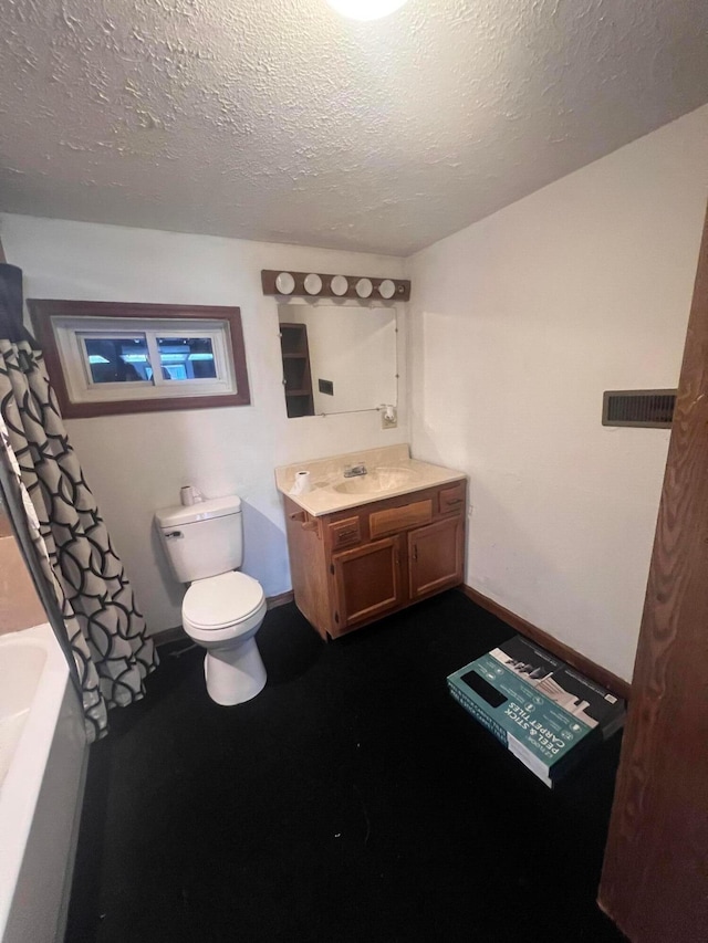 430 Poplar St, West Union, OH 45693 - full bathroom featuring toilet, vanity, a textured ceiling, a shower with curtain, and a tub