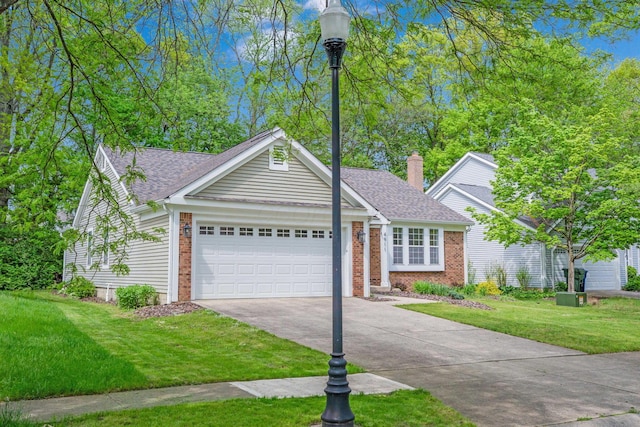 ranch-style house with concrete driveway, an attached garage, brick siding, and a front lawn