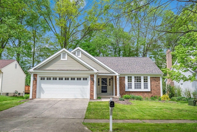 ranch-style home featuring a garage, brick siding, concrete driveway, a front yard, and a chimney