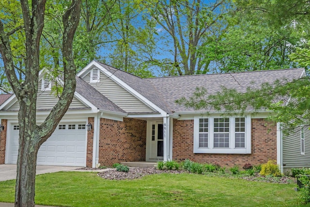 single story home featuring brick siding, an attached garage, and a front lawn