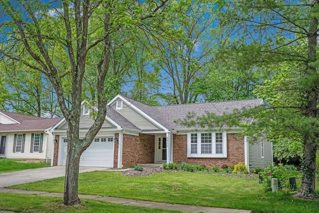 single story home with a garage, driveway, brick siding, a front lawn, and a shingled roof