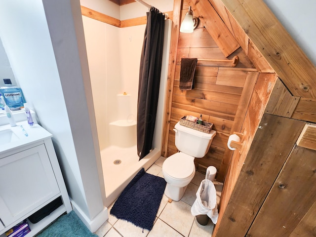 8696 Main St, Rushville, OH 43150 - full bath with a shower stall, toilet, tile patterned floors, wooden walls, and vanity