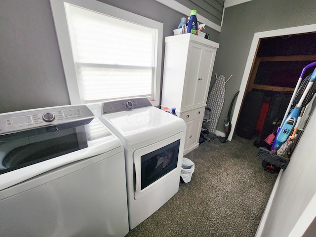8696 Main St, Rushville, OH 43150 - clothes washing area featuring washing machine and clothes dryer and dark carpet