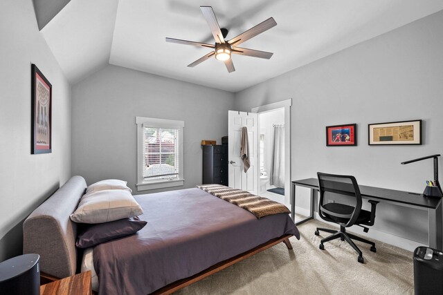 103 Lundy St, Columbus, OH 43215 - bedroom with carpet floors, vaulted ceiling, a desk, ceiling fan, and connected bathroom