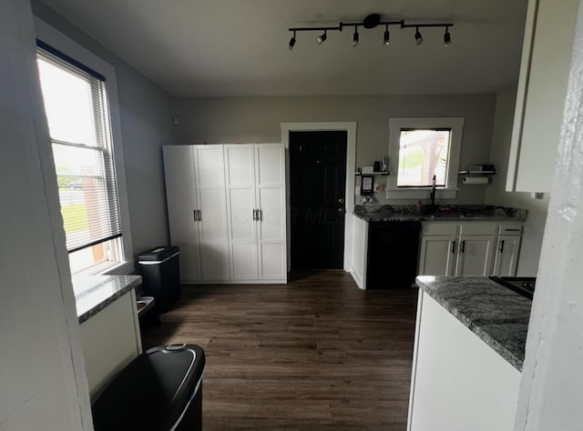 44 King Ave, Newark, OH 43055 - kitchen with dark wood-type flooring, white cabinetry, dark stone countertops, a sink, and rail lighting
