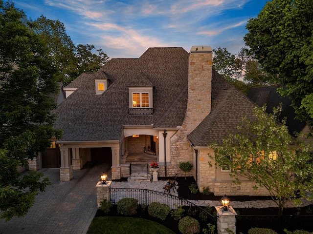 view of front of home featuring stone siding, a chimney, a shingled roof, decorative driveway, and a patio area