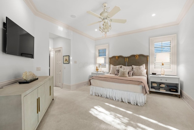 bedroom with light colored carpet, ornamental molding, baseboards, a ceiling fan, and recessed lighting