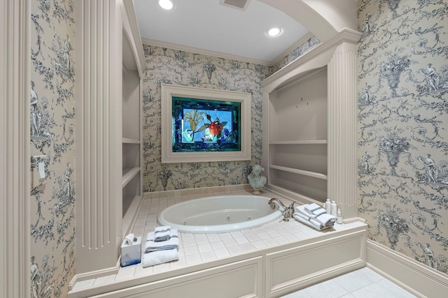 full bathroom featuring a tub with jets, tile patterned floors, and wallpapered walls
