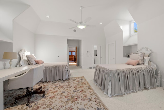 bedroom with light colored carpet, baseboards, an office area, a ceiling fan, and recessed lighting