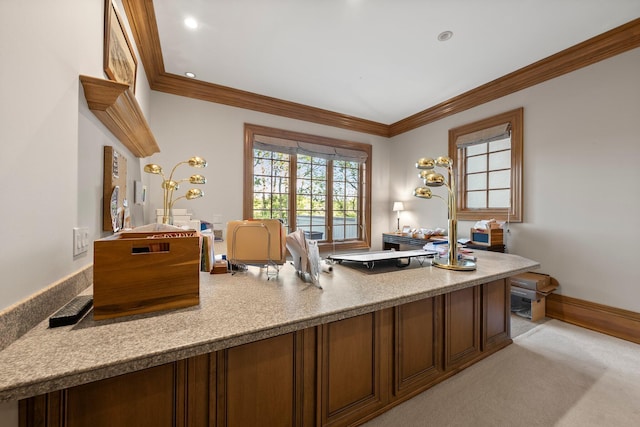 office space featuring ornamental molding, light carpet, baseboards, and recessed lighting