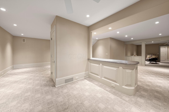 bar with light colored carpet, recessed lighting, baseboards, and ceiling fan