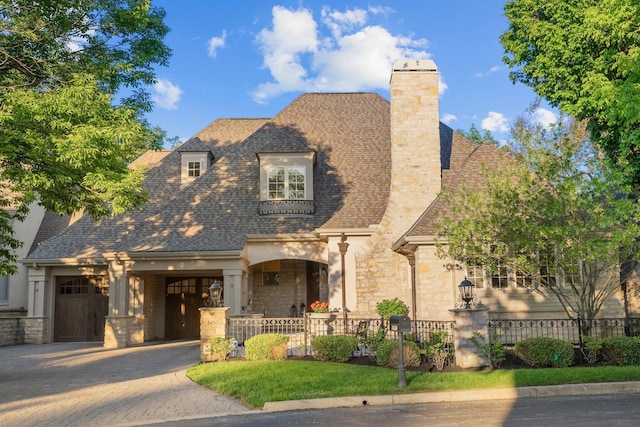 view of front of home featuring stone siding, a chimney, driveway, an attached garage, and a shingled roof