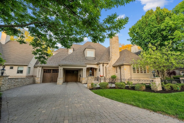 view of front facade with stone siding, an attached garage, decorative driveway, and a chimney