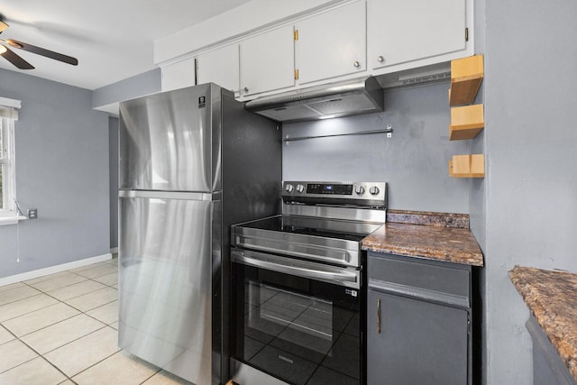 3204 Mcguffey Rd, Columbus, OH 43224 - kitchen with appliances with stainless steel finishes, under cabinet range hood, a ceiling fan, and dark countertops