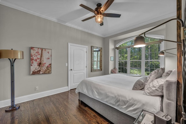 3720 Hyatts Rd, Powell, OH 43065 - bedroom with crown molding, dark wood-type flooring, baseboards, and a ceiling fan