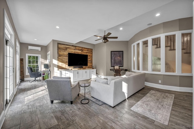 3720 Hyatts Rd, Powell, OH 43065 - living room featuring a wall mounted air conditioner, baseboards, wood finished floors, recessed lighting, and ceiling fan