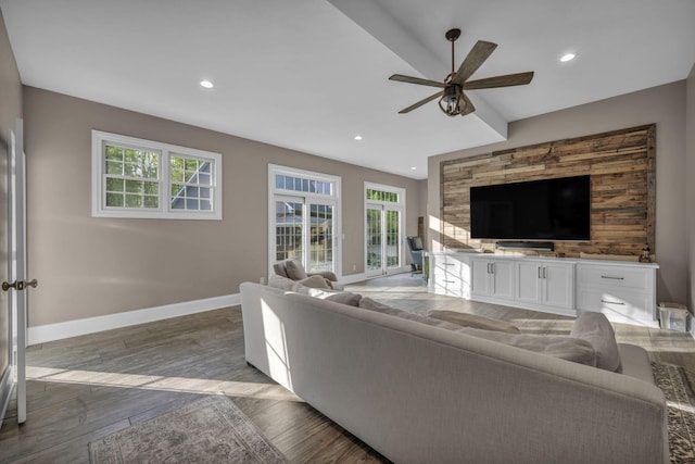 3720 Hyatts Rd, Powell, OH 43065 - living room featuring a ceiling fan, baseboards, light wood-style flooring, and recessed lighting
