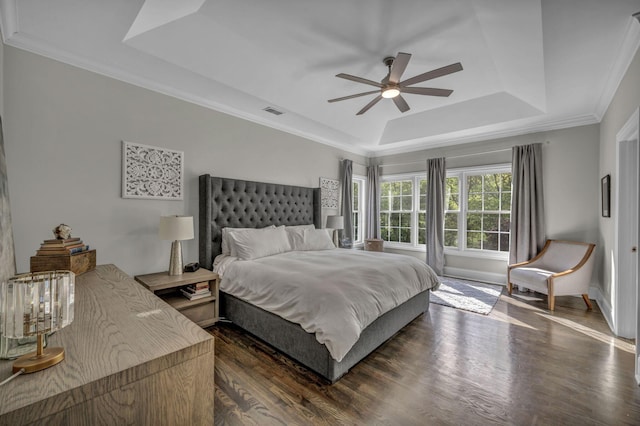 3720 Hyatts Rd, Powell, OH 43065 - bedroom featuring a raised ceiling, dark wood finished floors, ornamental molding, baseboards, and a ceiling fan