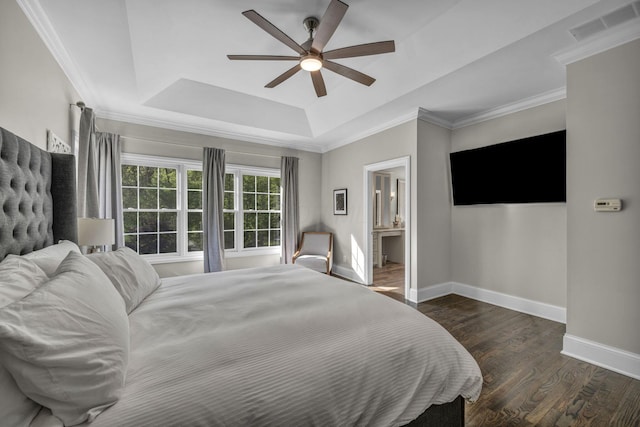 3720 Hyatts Rd, Powell, OH 43065 - bedroom featuring a raised ceiling, baseboards, dark wood-style floors, ornamental molding, and a ceiling fan