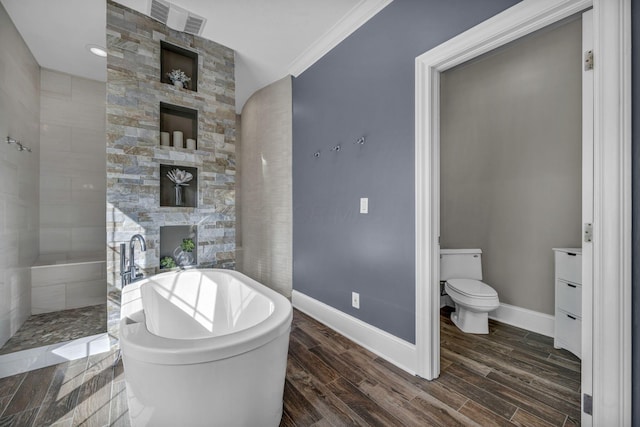3720 Hyatts Rd, Powell, OH 43065 - full bathroom with baseboards, tiled shower, toilet, a freestanding bath, and wood finished floors