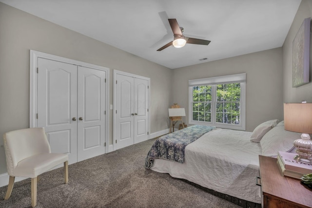 3720 Hyatts Rd, Powell, OH 43065 - bedroom with multiple closets, carpet floors, ceiling fan, and baseboards