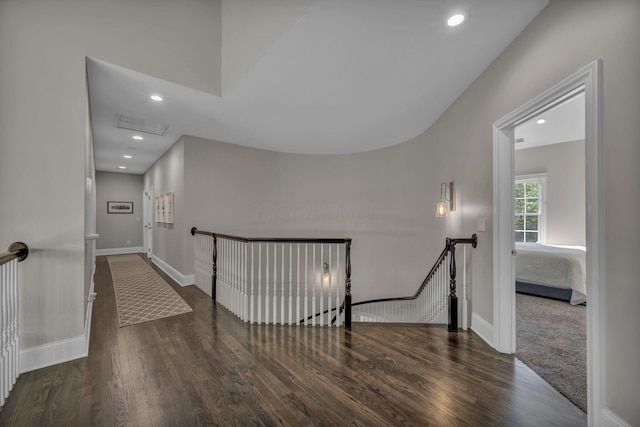 3720 Hyatts Rd, Powell, OH 43065 - hall featuring an upstairs landing, wood finished floors, baseboards, and recessed lighting