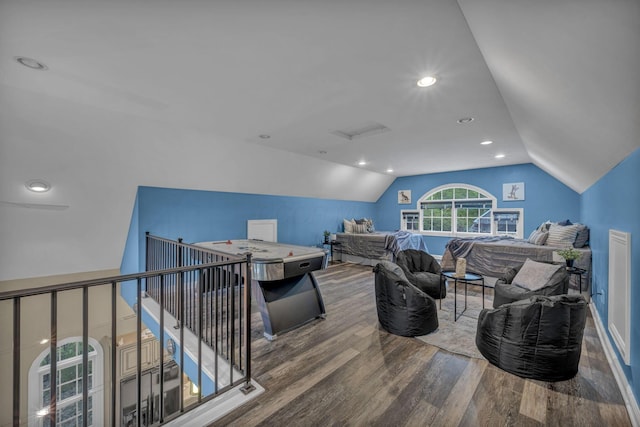 3720 Hyatts Rd, Powell, OH 43065 - living room featuring wood finished floors, lofted ceiling, recessed lighting, and attic access