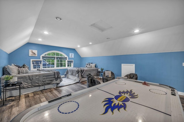 3720 Hyatts Rd, Powell, OH 43065 - bedroom featuring wood finished floors, vaulted ceiling, attic access, and recessed lighting